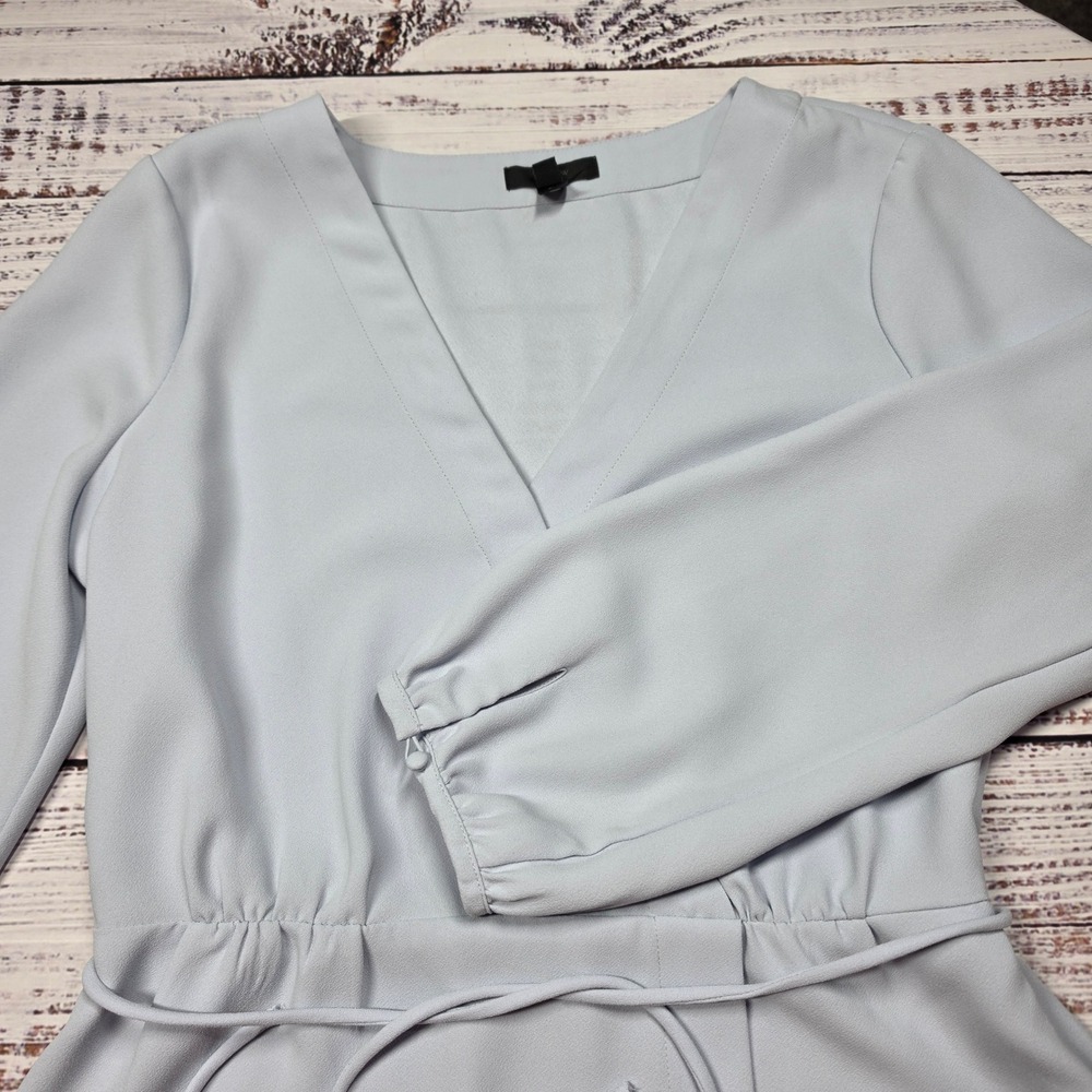 J.Crew Faux Wrap Peplum Blouse Womens 8 Light Blue Good V-Neck Tie Waist L/S‎
